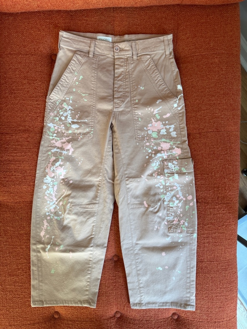 Pilcro Beige Utility Pants with Pastel Paint Splatter